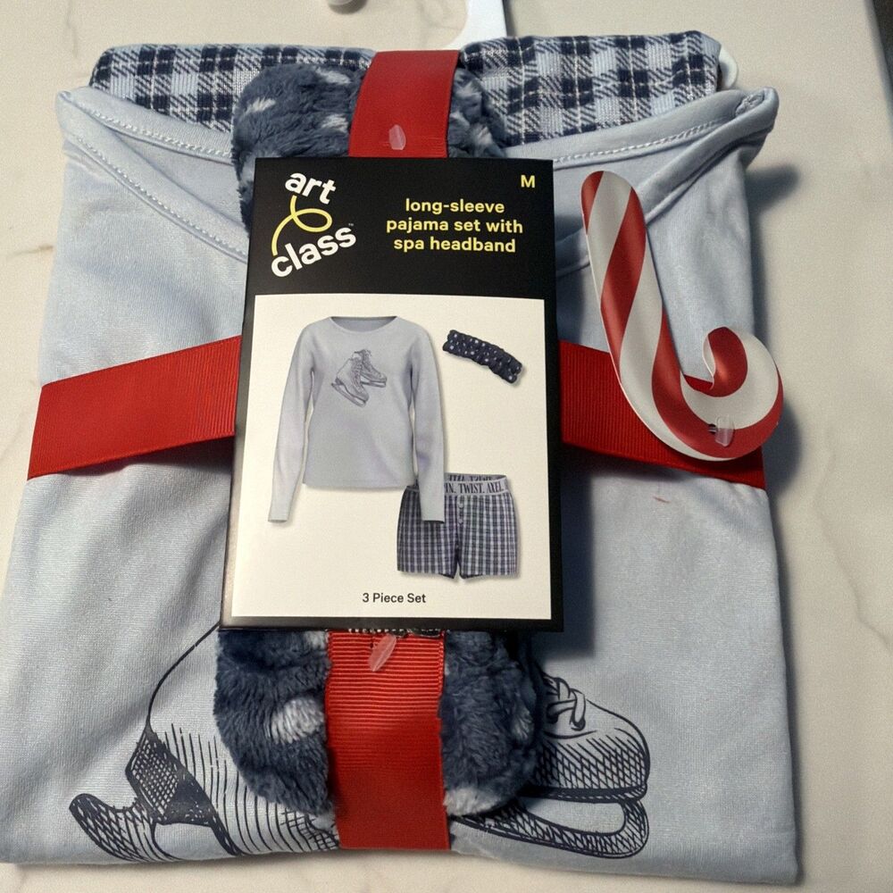 NWT art class Girls Blue Plaid Skates Long Sleeve Pajama Set Headband Size M